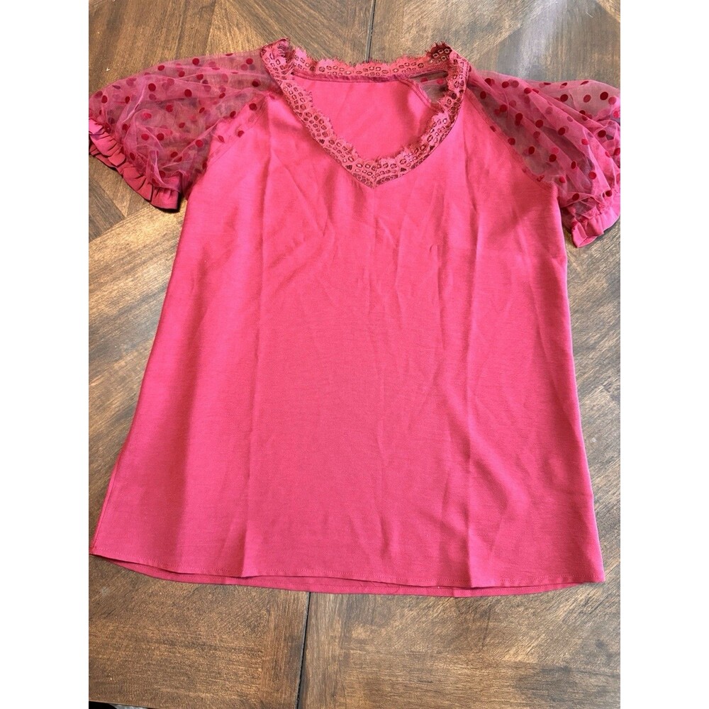 Shein Womens Size Large Sheer Polka Dot Short Sleeve Red Blouse